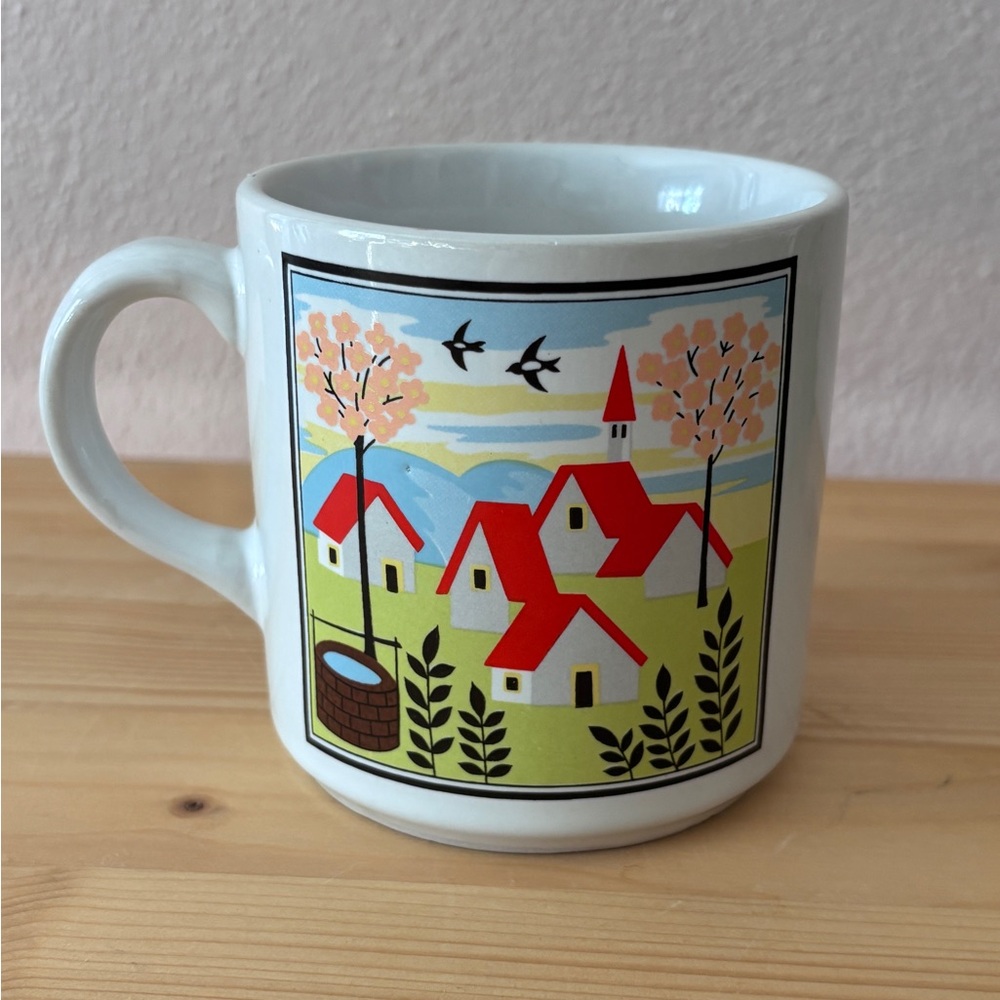 Vintage Village Stoneware Mug Folk Art Country 10 oz Made in Korea